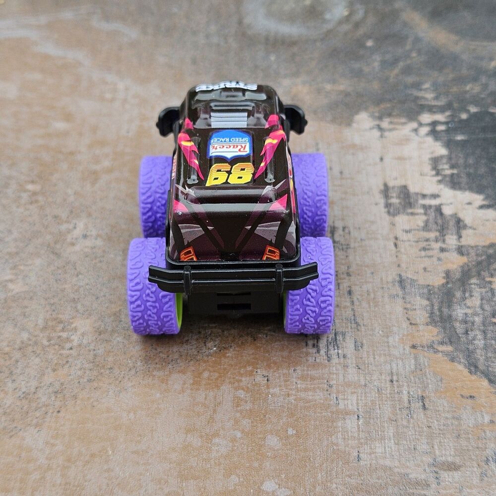 Vintage Mini Monster Truck Crash Racer Strike 89 Purple Tires Pull Back Toy Car
